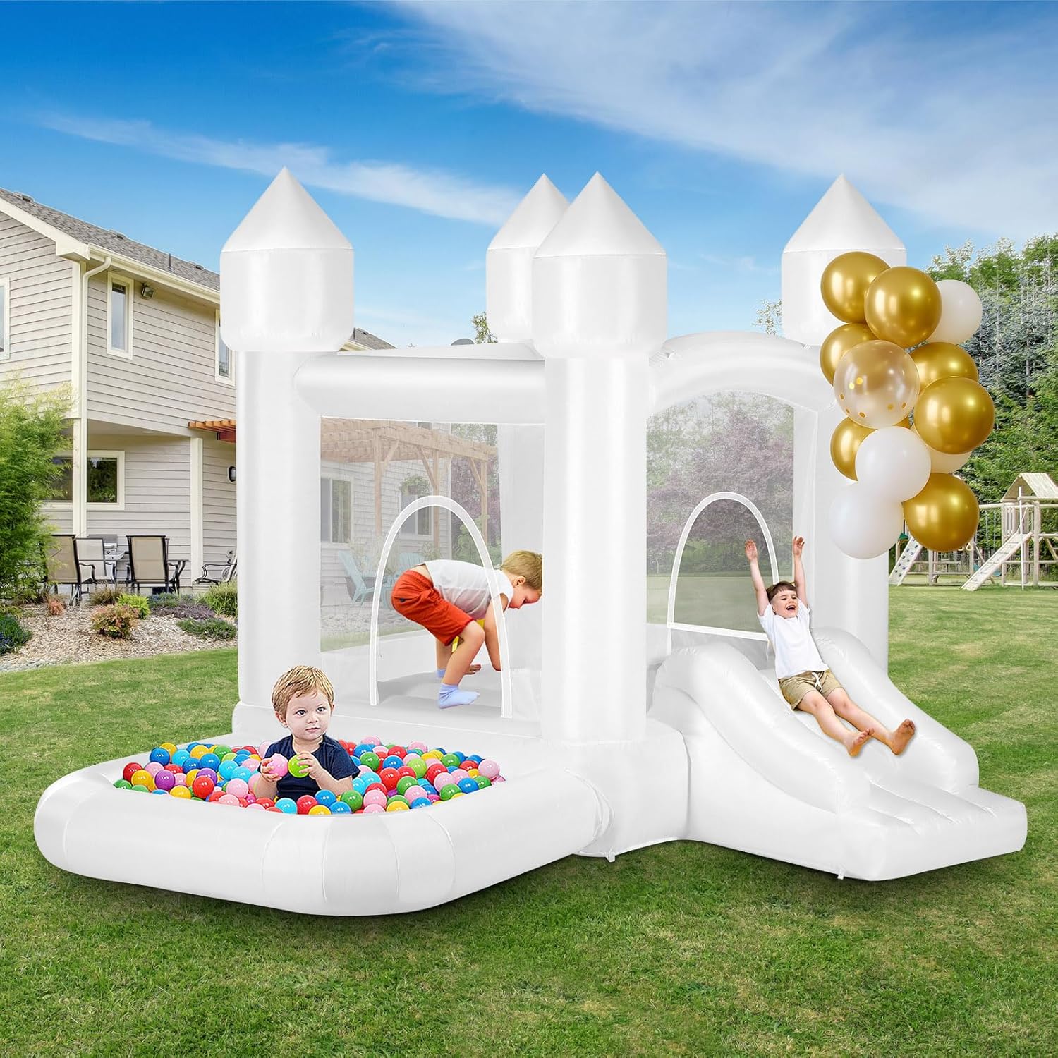 Kids Outdoor Jumping - Kids White Bounce House with Ball