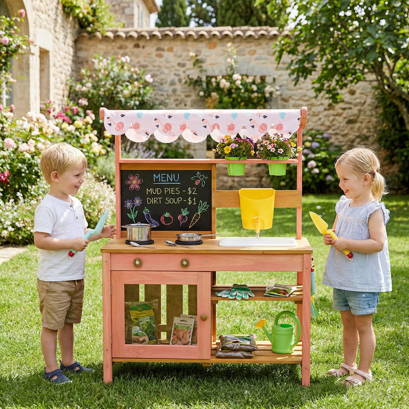 Qaba Kids Mud Kitchen with Can - Kids Outdoor Mud Kitchen Accessories 评论和价格