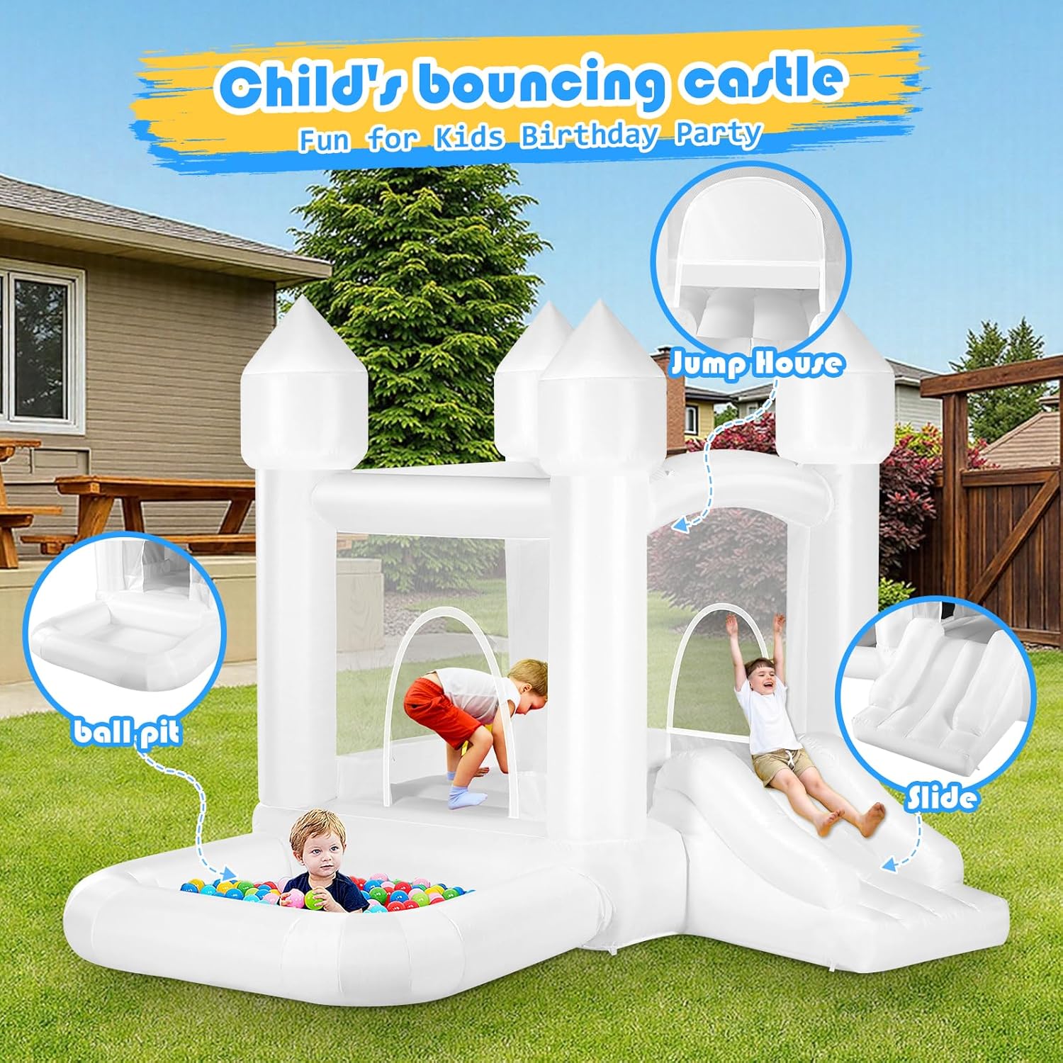 Kids White Bounce House with B - Kids Outdoor Jumping 评论和价格