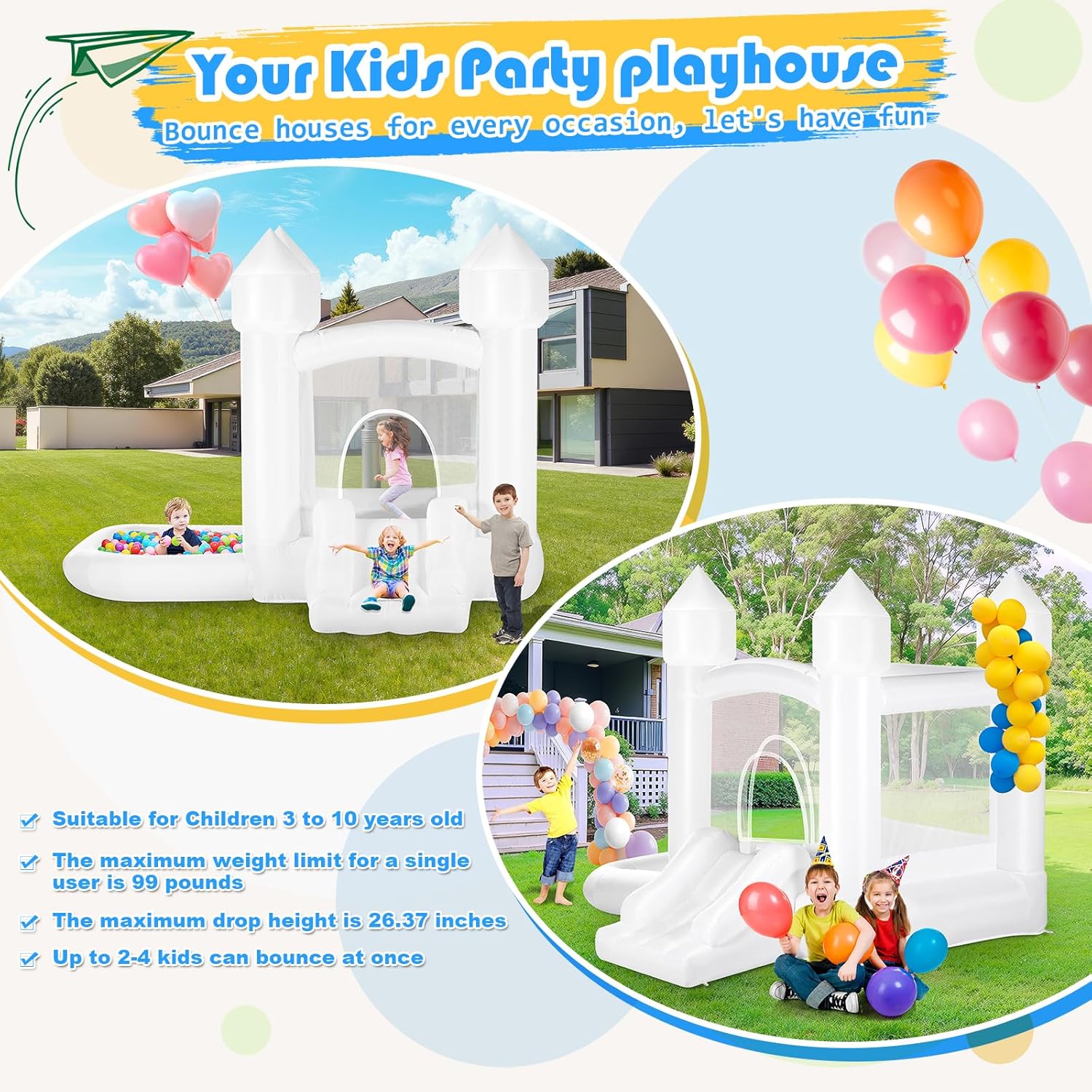 Kids White Bounce House with B - Kids Outdoor Jumping 评论和价格