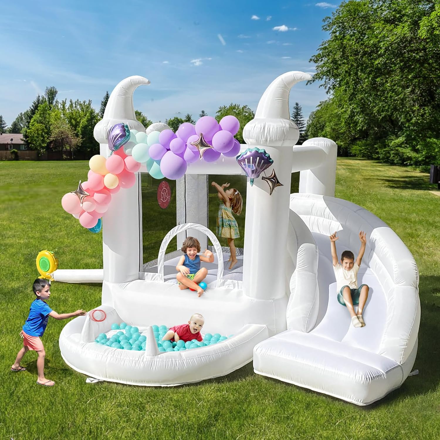 White Inflatable Bouncy Castle - Kids Outdoor Jumping 评论和价格