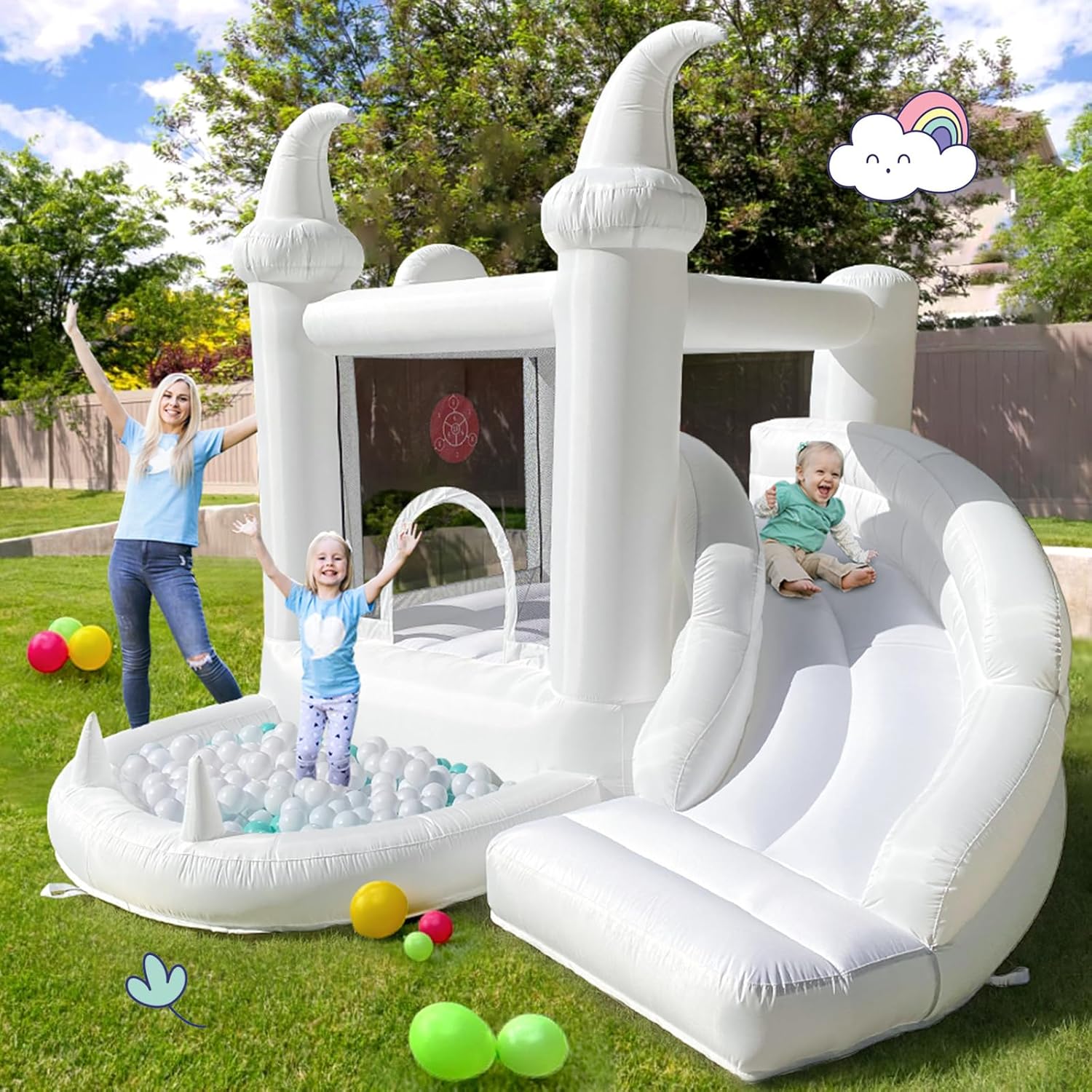 White Inflatable Bouncy Castle - Kids Outdoor Jumping 评论和价格
